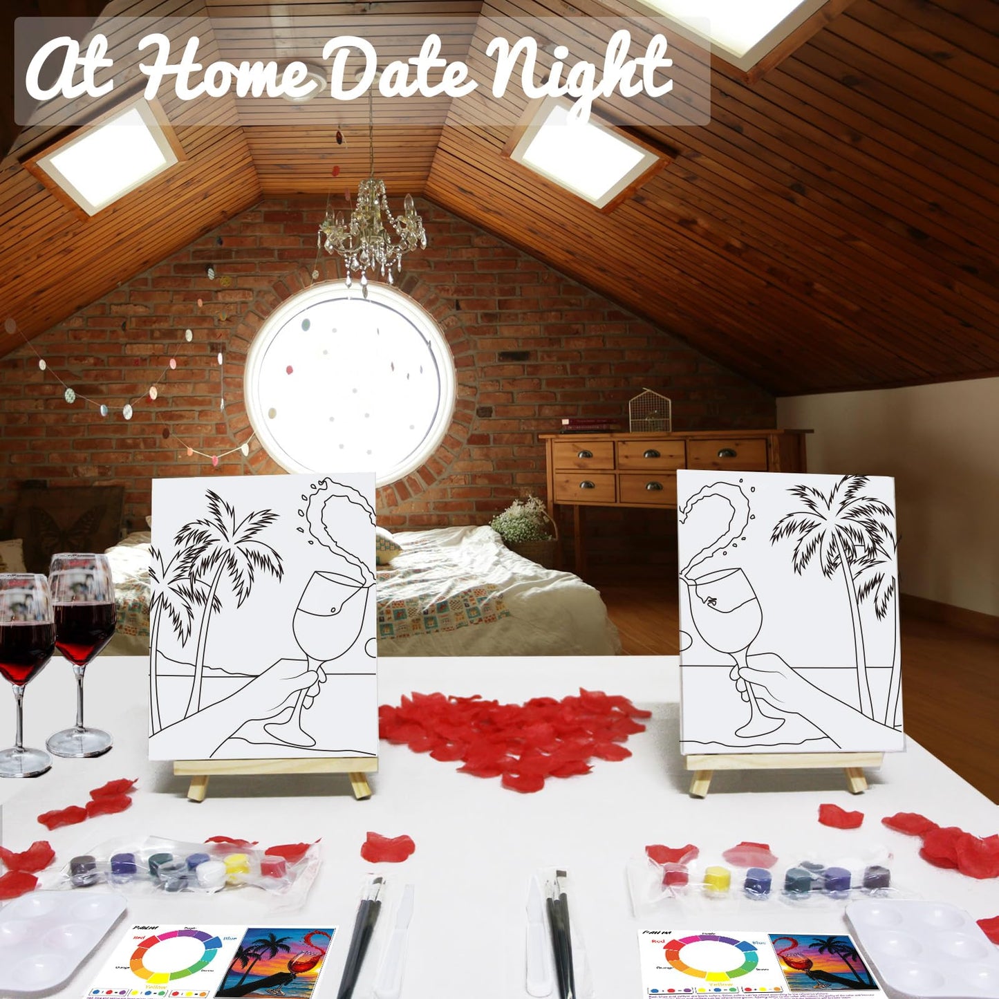 PAILIM 2 Pack Sip and Paint Kit for Adults Couples Painting Kit Pre Drawn Canvas to Paint at Home Date Night Party Favor Supplies Art Painting Set Couples Activity 8x10 Seaside Clink Glasses