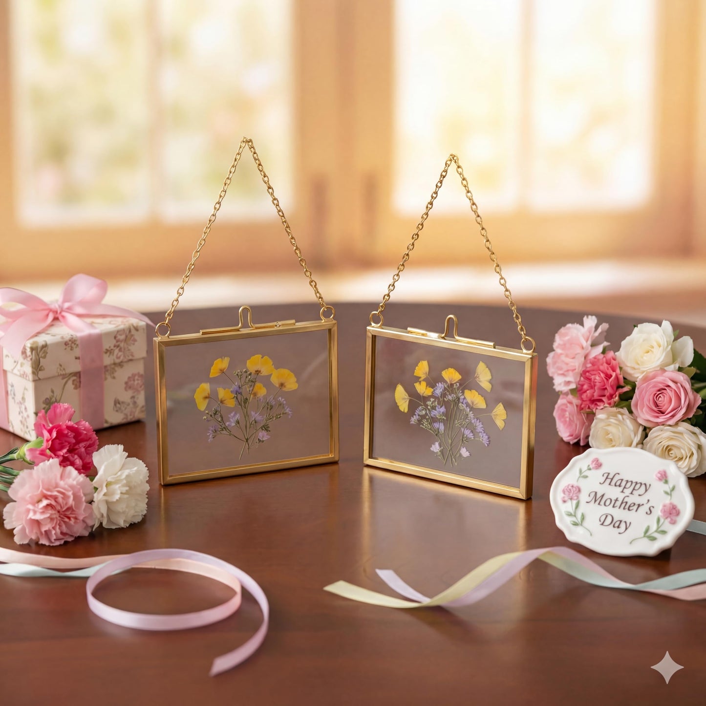 FOCHIER F 4 Pcs Pressed Flower Frame with Tweezers, Wall Hanging Tabletop Display Double Glass Frames with Metal Chain for Pressed Dried Flowers Plants, Horizontal and Vertical Picture Frame,Gold, FRAMES ONLY