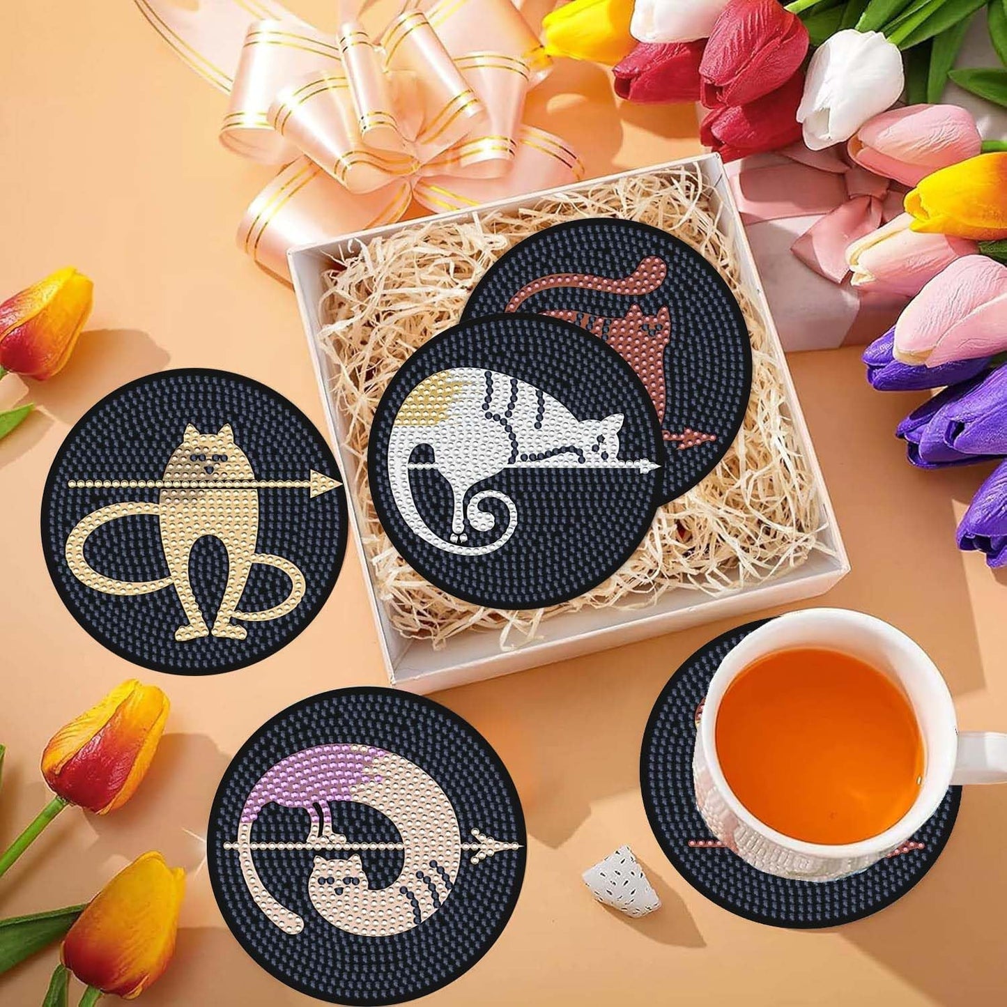 6 pcs Abstract Cat Coasters with Holder DIY Diamond Art Painting for Adults Beginners. Small Diamond Art Kits.Abstract Cat 27-6