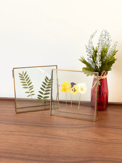 Beedecor Double Glass Frame for Pressed Flowers, Leaf and Artwork,Bronze 6x6 Standing Square Metal Picture Frames, Set of 2 Pressed Flower Frames with Stand (Antique bronze, 6x6)