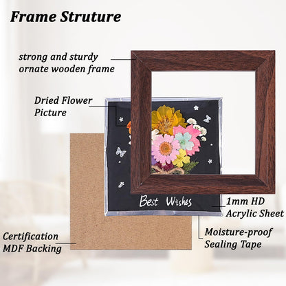 5x5'' Natural Flower Bouquet Frame - Handmade Pressed Flower Art Frame, Home Decor Walnut Wood Shadow Box Gift for Tabletop & Wall Art Decor, Dried Floral Artwork Gift for Anniversary, Valentine's Day