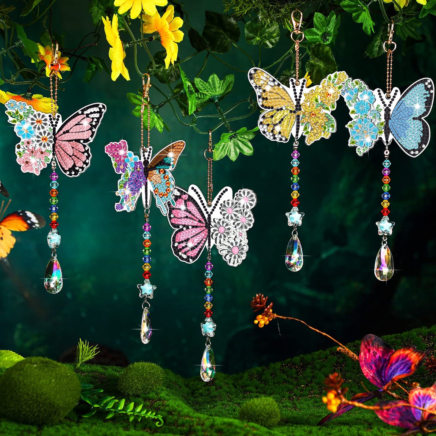 Tradder 6 Pcs Spring Butterfly Diamond Painting Wind Chimes Diamond Painting Suncatcher Art Kit Double Sided Butterfly Ornaments 5d Rhinestone for Spring Home Garden