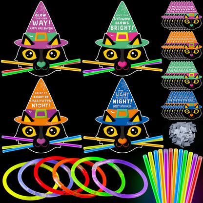 Blosssound 36 Sets Halloween Gifts 36 Halloween Cat Greeting Cards with 108 Glow Sticks Halloween Party Favors for Halloween Goodie Bag Fillers Glow in the Dark Decor Supplies