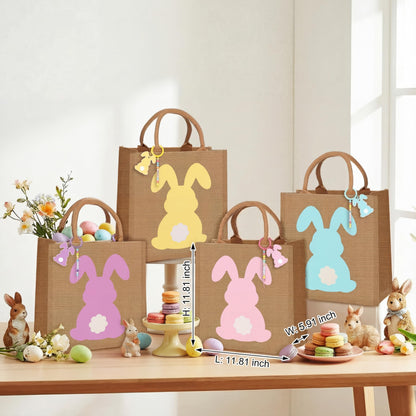 Hillban 4 Sets Personalized Easter Burlap Gift Bags Reusable Large Egg Hunt Bunny Tote with Handles and DIY Name Beads Keychain Making Kit for Women Jute Baskets for Easter Party Favors Gifts Storage