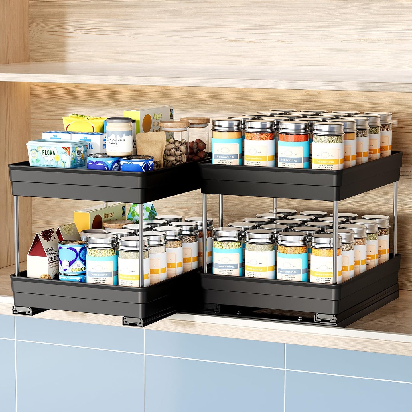 Nieifi Spice Organization for Cabinet-Vertical Spice Rack Pull Out-Spice Rack Organizer for Cabinet-4-1/3 inch Wide-Seasoning Kitchen Organizer-4.3" W x 10.6" D x 8.7" H-2 Pack-2 Tier