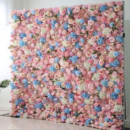 JIIPOREGJ Handmade Romantic Light Pink Blue Flowers Wall Large Artificial Flower Wall Backdrop Panels,Rose Wedding Backdrop 3D Floral Wall Fabric Flower Wall for Party B,One Color,1m*1m/3.28 * 3.28FT