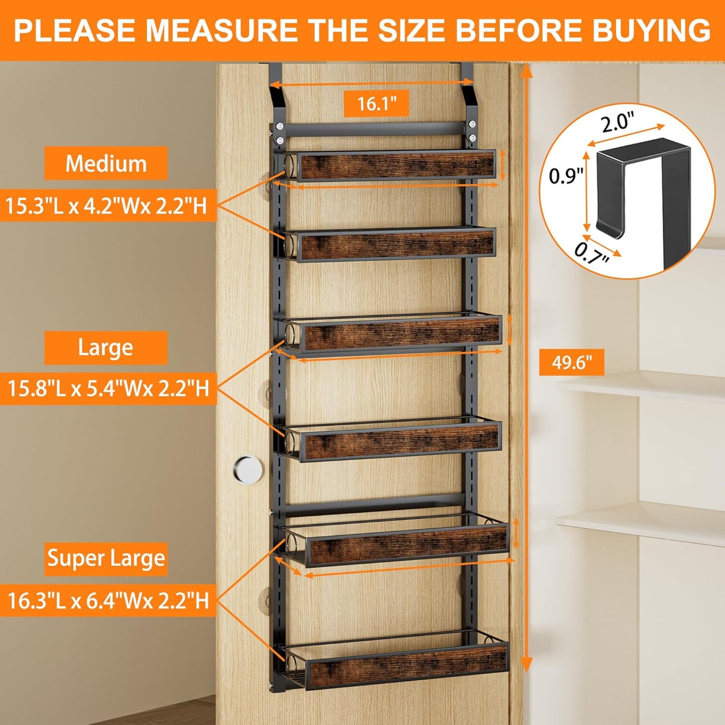 6 2 1 Tier Over The Door Pantry Orangizer IN Wall Mounted or Hanging Spice Rack with Adjustable Wood Basket,Heavy Duty