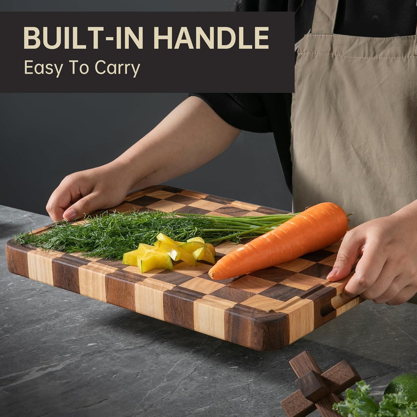 16" 11" 1.4" Checkered Cutting Boards for Kitchen, Acacia Wooden Chopping Board with Juice Grooves & Handles, Thickened