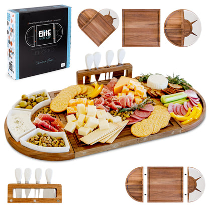 Large Wooden Charcuterie Board Set (Sealed Clear Finish) - 3-Piece Magnetic Long Serving Board Tray with Charcuterie Accessories - Acacia Wood Cheese Platter with Cheese Knife Set & Dishes - Brown
