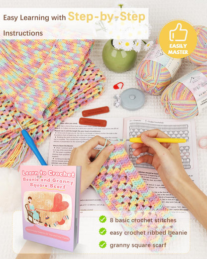 Katech Crochet Kit for Beginners-Crochet Kit for Adults Learn to Crochet Granny Square Scarf Beanie Hat, Complete Set for Crocheting Scarf w/Step-by-Step Instructions 6 Blend Yarn-Macaron