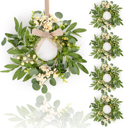 4 Pcs Green Eucalyptus Swag Wreaths for Pillars Spring Summer Kitchen Cabinet Wreaths Mini Green Berry Leaves Wreath with Ribbon for Front Door Porch Wall Window Farmhouse Decoration