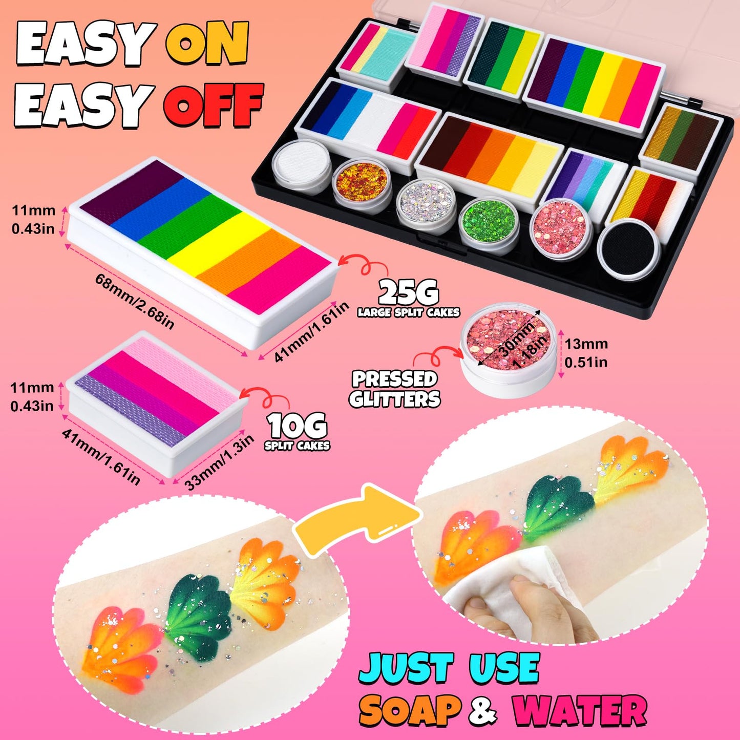 Drawdart Professional Face Painting Kit for Kids Adults, Large Split Cake Face Paint Palette with Glitters, One Stroke Non-Toxic Rainbow Face Body Makeup Kit for Festival, Party & Cosplay Makeup
