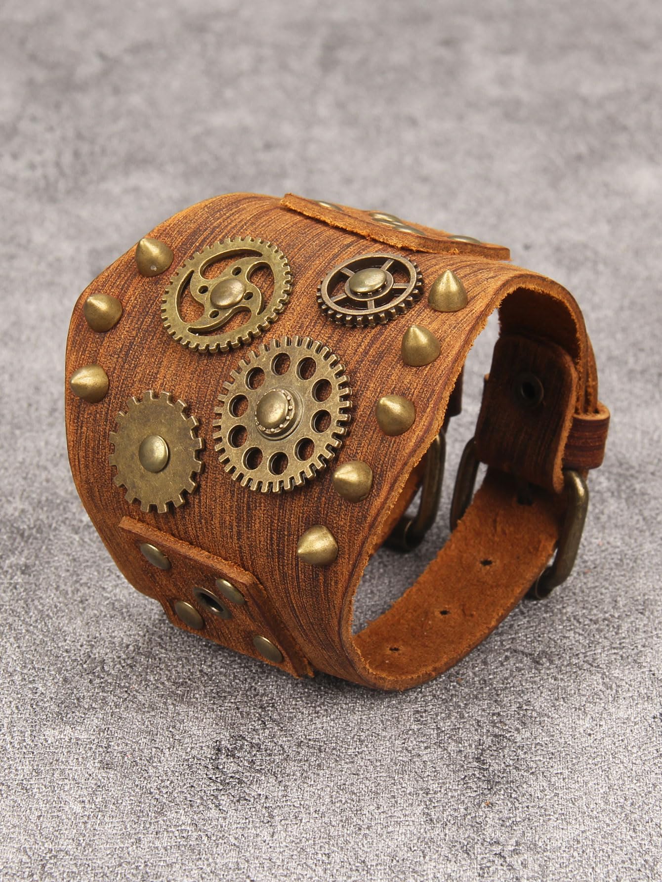 GelConnie Brown Leather Cuff Bracelet for Men Steampunk Gear Studded Wristband Punk Vintage Bracelet Adjustable Jewelry Gift