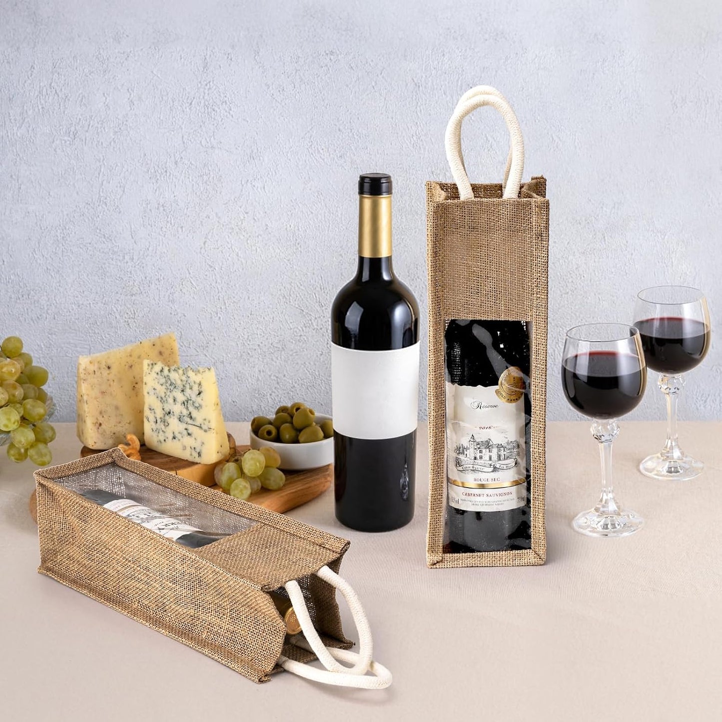 Peohud 3 Pack Burlap Wine Bottle Bags, Jute Gift Bags with Window and Handle for Wedding, Birthday, Christmas