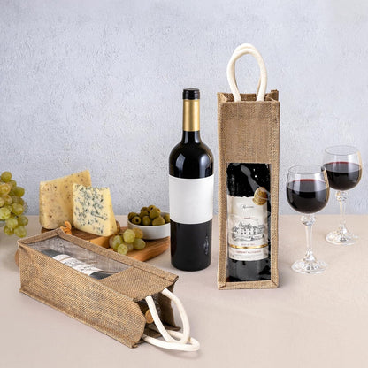 Peohud 3 Pack Burlap Wine Bottle Bags, Jute Gift Bags with Window and Handle for Wedding, Birthday, Christmas