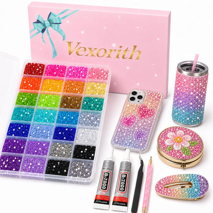 Vexorith Anti-Spill Rhinestone Bedazzling Kit, 35000pcs 28-Color High-Shine AB Coating Flatback Resin Rhinestones with B7000 Glue and Tools, Organizer Case for DIY Phone Cases, Clothes, Sneakers