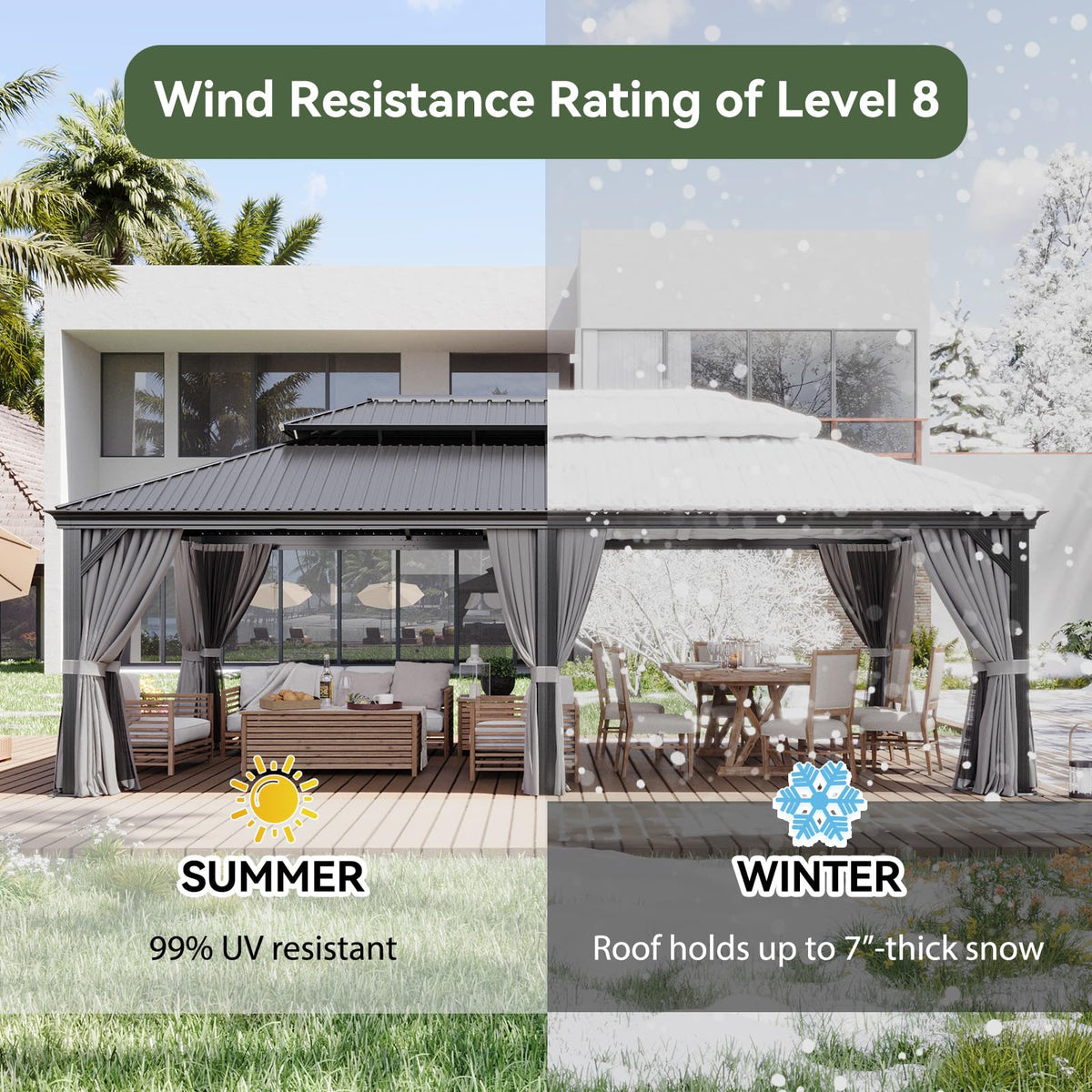Aoxun 14' X 24' Hardtop Gazebo with Drainage System, Aluminum Outdoor Gazebo with Galvanized Steel Double Roof, Patio Permanent Metal Pavilion with Netting, for Garden, Deckyard, Grey