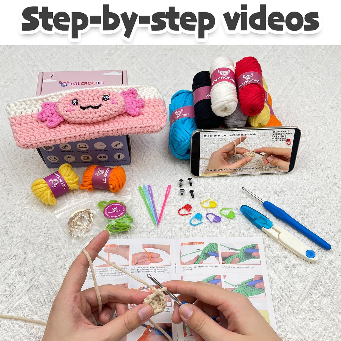 Axolotl Crochet Kit for Beginners, Learn to Crochet Pencil Bag Starter Set with Video Tutorial & Crocheting Manual, Easy Yarn Knitting Kit for Adult, DIY Amigurumi Birthday Xmas Gift Idea