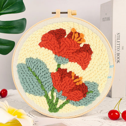 Woohome Punch Needle Kit Included Plastic Hoops, Punch Needle Cloth, Color Yarn and Punch Needle Tools for Adults, Beginners (Red, Pink and Yellow Flowers)