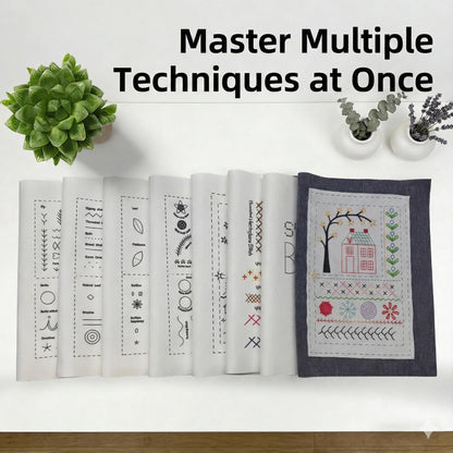 trumpisame DIY Embroidery Stitch Practice Book Kit - Learn 106 Stitches Manual, 86Pcs Complete Starter Set with Magnifier, Metal Thimble, Pre-Printed Linen Pages&106 Floral Patterns