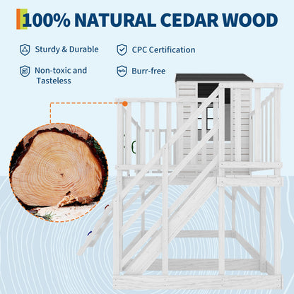 2 Story Wooden Playhouse with Climbing Wall, Outdoor Wooden Playhouse with Step Ladder, Elevated Modern Cedar Playhouses Kids
