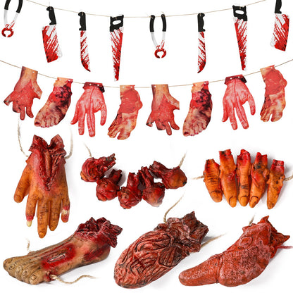 Lansian Halloween Decorations Blood Weapon Garland Banner Props Hanging Scary Fake Severed Hand Broken Body Parts for Haunted House Halloween Vampire Zombie Party Supplies (6pcs Body Parts)