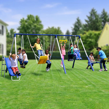 Sportspower Super 9 Metal Swing Set for Outdoor Backyard Play: Teeter Totter, Glide Ride, Roman Glider, Standing Swing, Trapeze, 5ft Slide, Anchor Kit, 7.5' D × 17.1' W × 6.1' H