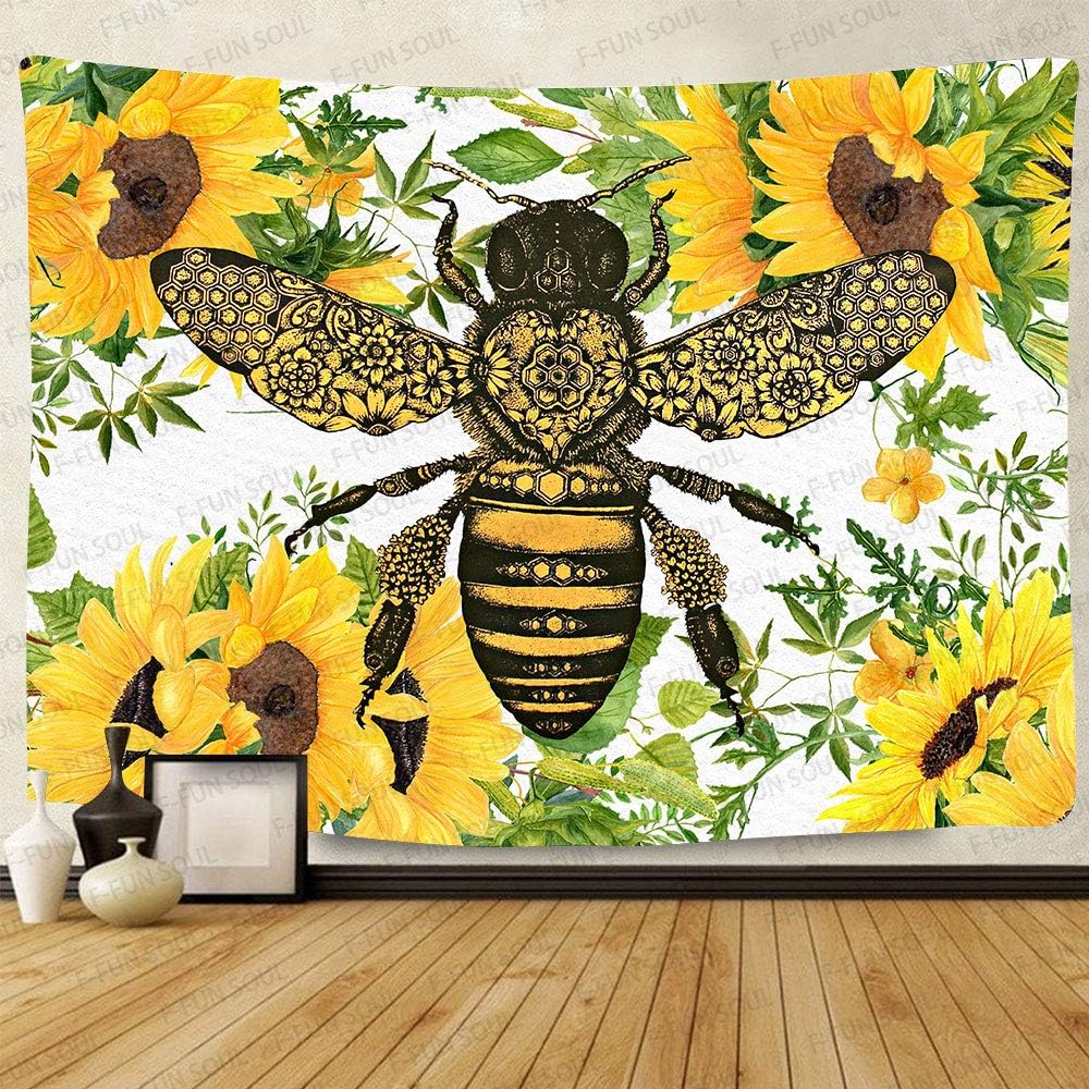 F-FUN SOUL Hippie Bee Tapestry, Large 80x60in Soft Flannel Sunflower Watercolor Art Wall Hanging