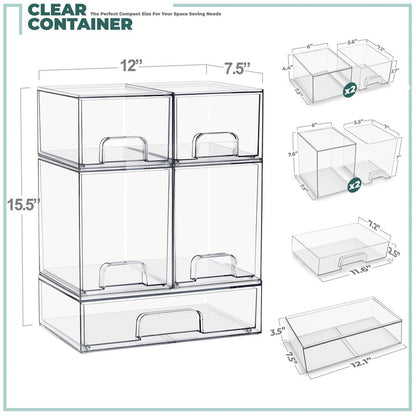 Sorbus Stackable Acrylic Storage Drawers – 2 Small + 2 Tall + 1 Wide – 5 Pack Clear Plastic Organizer Bins for Baby Bottles, Makeup, Bathroom & Vanity, Pull-Out Drawer Design for Kitchen Cabinets