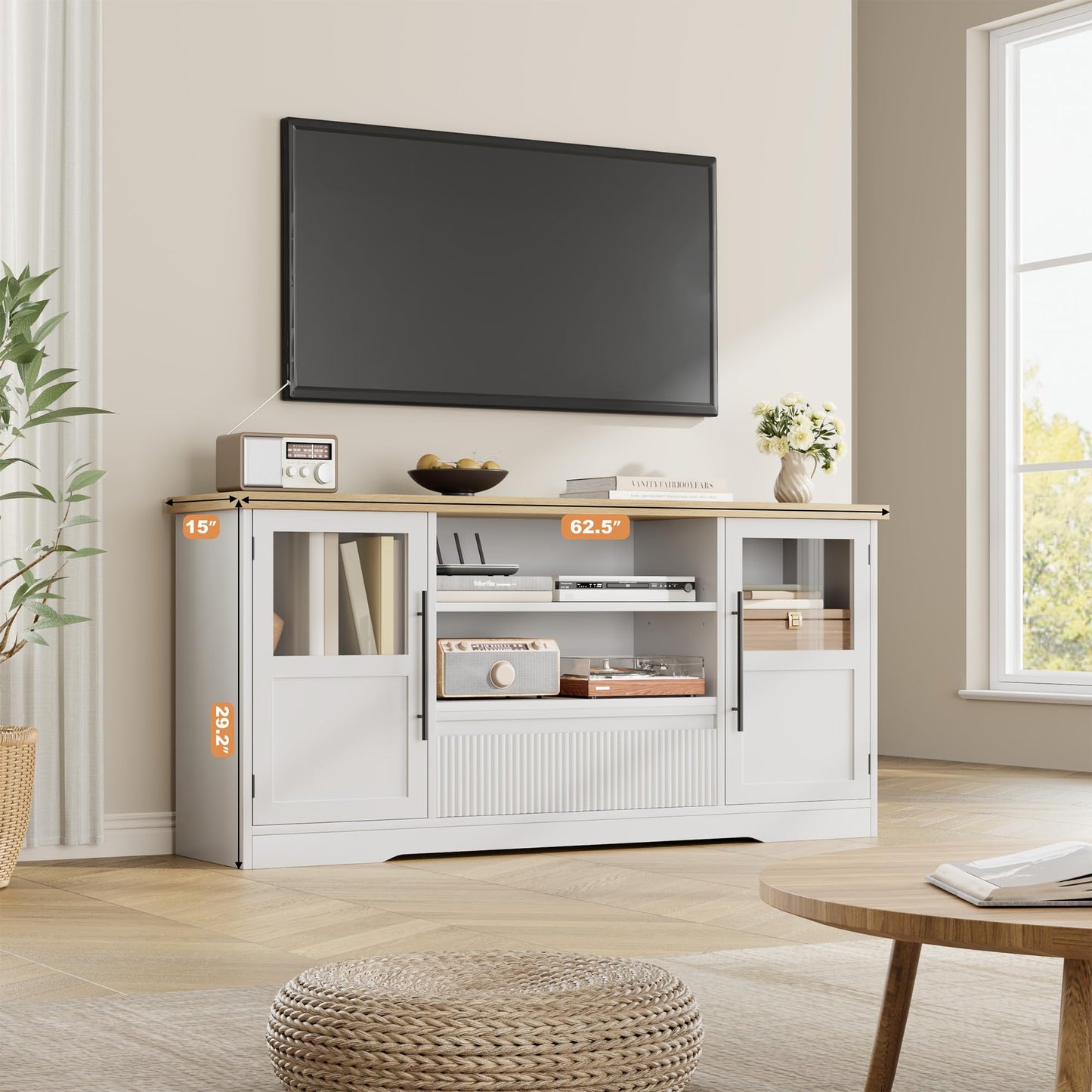63" TV Stand for TVs up to 72" - Farmhouse Wave Design Entertainment Center with 2 Glass Door Cabinets & Open Shelves for Living Room, White & Natural
