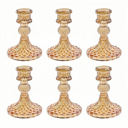 ECHFSM Glass Candlestick Holder,Striped Taper Candle Holders,Set of 6 Candle Stand for Table Centerpieces, Home Decor,Weddings,Festival and Parties (Amber Dimond Pattern)