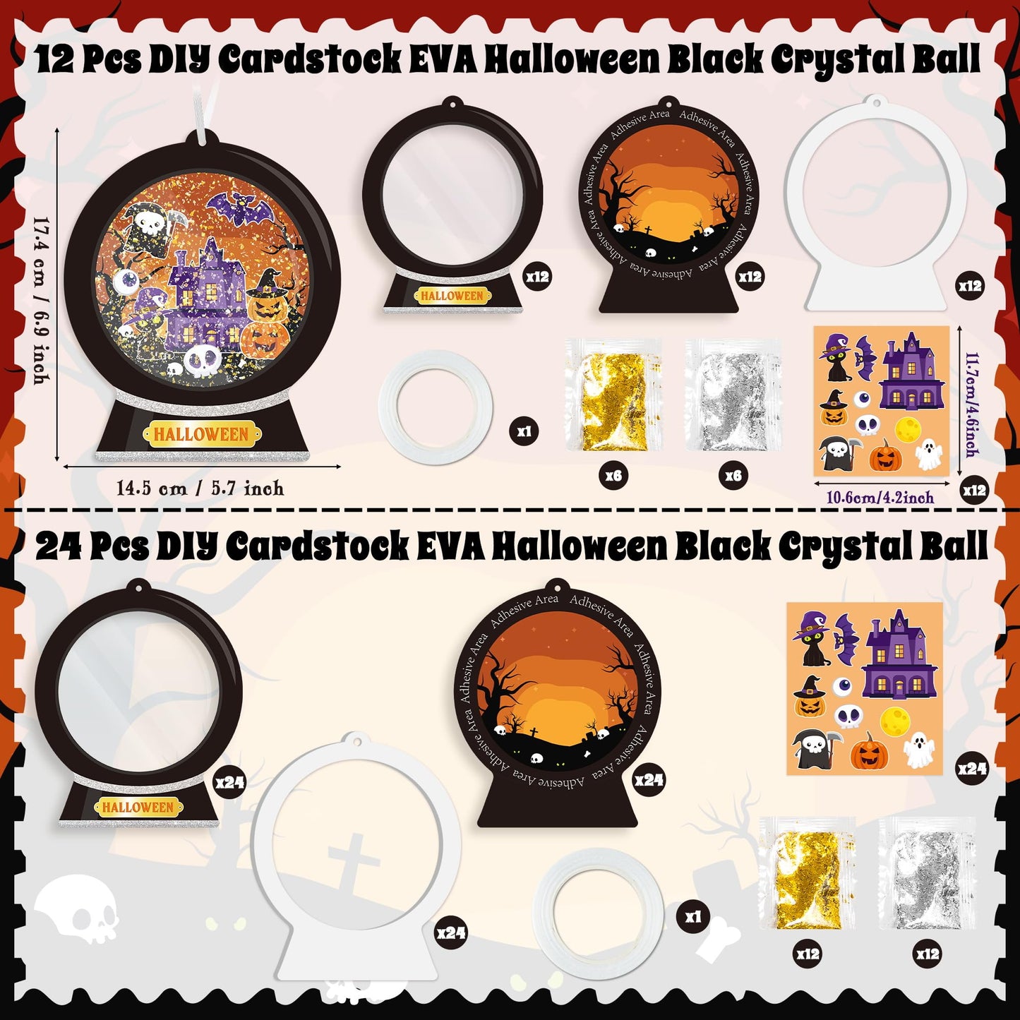 WATINC Halloween Snow Globe Craft Kit - DIY EVA Ghost Pumpkin Scene Crystal Ball Hanging Ornament with Glitter Sequins Sugar Paper, Trick-or-Treat Skeleton Black Cat Party Favor for Home School(24Pcs)