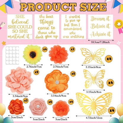 Feifeiya 36 Pcs DIY 2026 Graduation Cap Decorations Accessory Kit Include Faux Flower Heads Graduation Quotes Glitter Stickers 3D Butterfly for Grad Cap Topper DIY Gift(Orange,Excitation)
