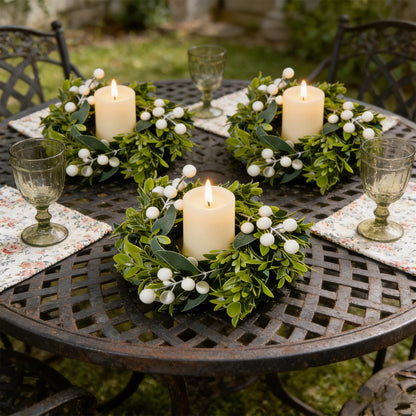 6 Pcs Small Spring Summer Candle Ring Wreaths with Artificial Boxwood Greenery White Berry Branches Mini Pillar Candle Holder Wreath for Home Table Centerpieces Kitchen Wedding Farmhouse Party Decor