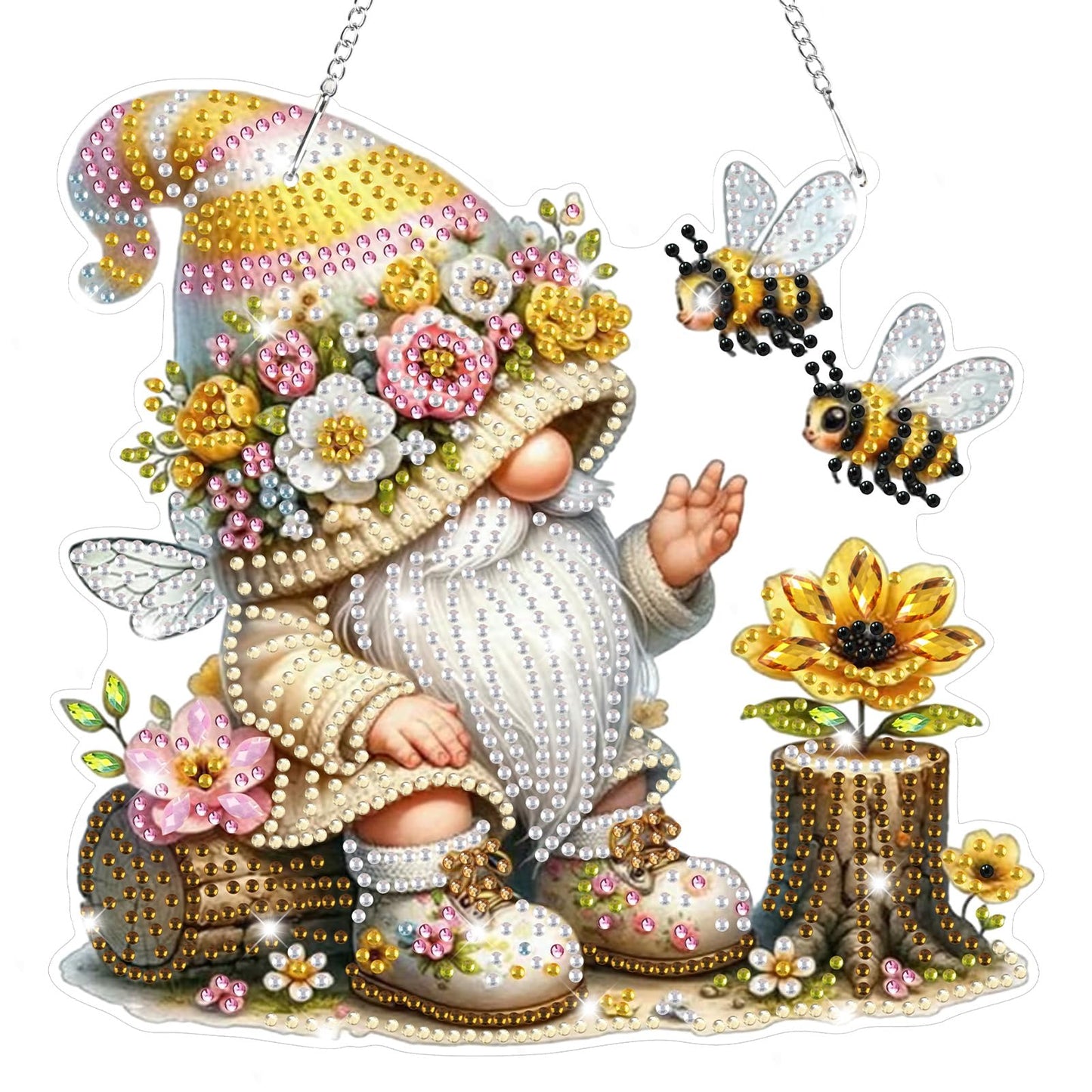 Bowetile Gnome Diamond Art Hanging Kits for Adults, 5D Special Shape Bee Diamond Painting Flowers Pendant Kits, Gem Art Suncatchers Painting Window Ornament for Home Garden Wall Decor
