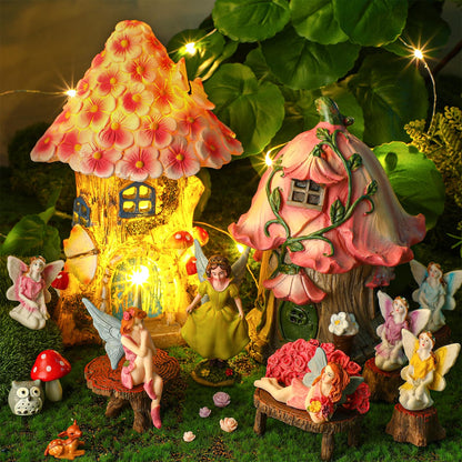 HyDren 100 Pcs Fairy House Garden Figurines Kit 8'' Solar Miniatures Light up 6.6" Fairy House Gnome Animals Doll Outdoor Resin Statues Micro Landscape Ornaments DIY Garden Decor