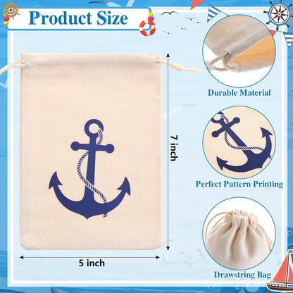 24 Pack 7 5 inch Shellwei Nautical Gift Bags Cotton Nautical Anchors Drawstring Bags Themed Favor Boat Goodie x