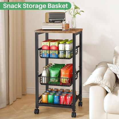SNTD Fruit Basket Vegetable Stand for Kitchen Pantry, Pull Out Metal Wire Basket with Wood Top for Fruit Vegetable Onions Potatoes Snacks