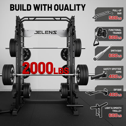 JELENS Smith Machine for Home Gym, Multi-Function M12 Power Cage, Squat Rack with Smith Bar and More Attachment (Black, M12 Smith Machine)