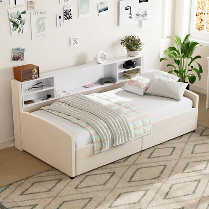 Merax Twin Size Upholstered Platform Bed with Storage and Drawers, Beige