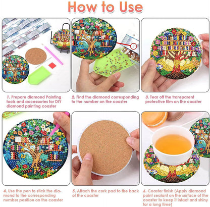 ijbnhd 8 Pcs Diamond Art Coasters Kits, Tree of Life Diamond Painting Coasters Kit with Holder, Diamonds Art Non Slip Coaster Crafts Kits for Adults Gifts 4x4 inch (Cork Wooden Pad)