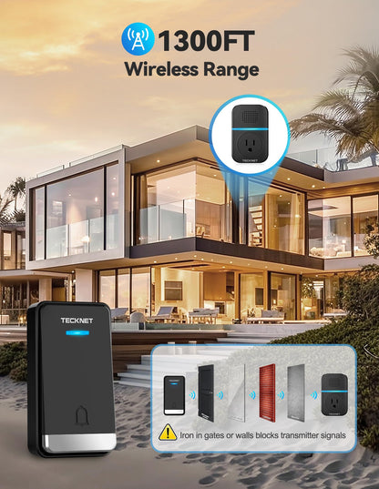 TECKNET Wireless Doorbell, Self-Powered Doorbell, 0-110db Plug-through Wireless Doorbell Ringer for Homes Classroom, IP66 Waterproof 1300ft Door Chime with Extra Socket, 60 Chimes, LED Light (White)