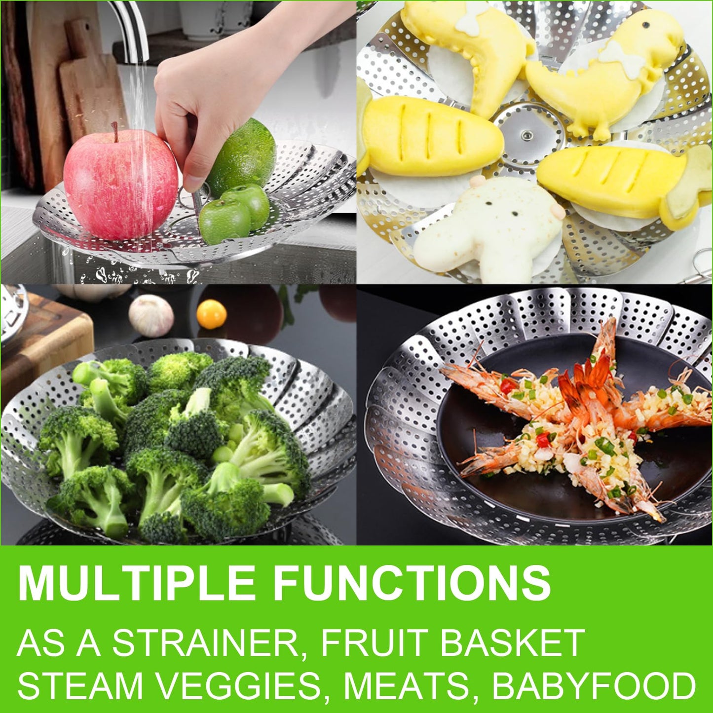 Vegetable Steamer Basket for Cooking, Stainless Steel Veggie Fish Food Steamer Basket, Folding Expandable Steamers to Fit Various Size Pot