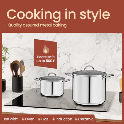 Stainless Steel Stockpot with Tempered Glass Lid 12 Quart, Durable 18/0 Stainless Steel, Impact-Bonded Base for Even Heating, Riveted Handles, Oven & All Stove Compatible, Safe Up To 500°F (260°C)