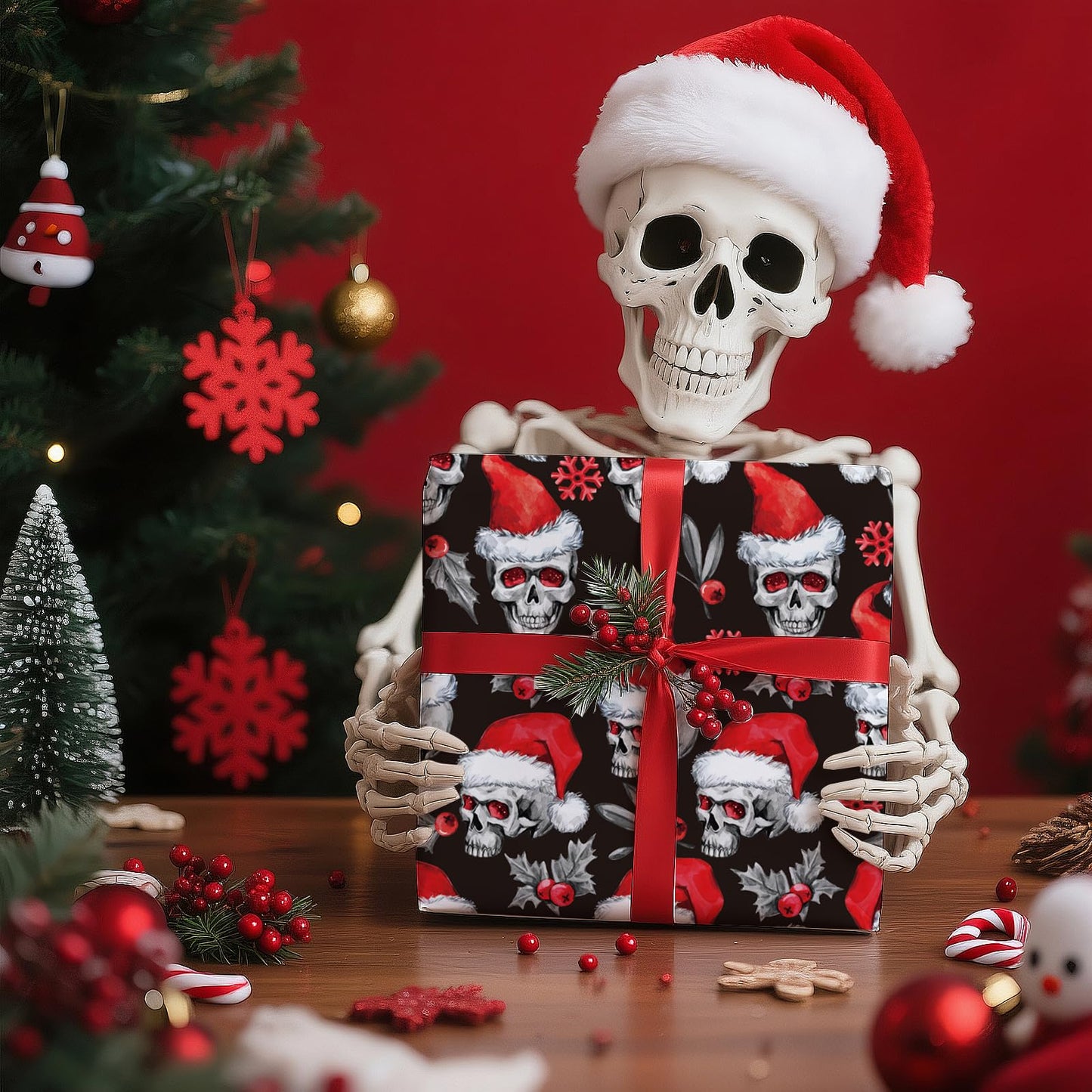WRAPAHOLIC Skull Christmas Wrapping Paper - Mini Roll - 17 Inch x 16.5 Feet - Holly and Santa Hat Skull Wrapping Paper for Christmas, Halloween, Holiday, Party Celebration