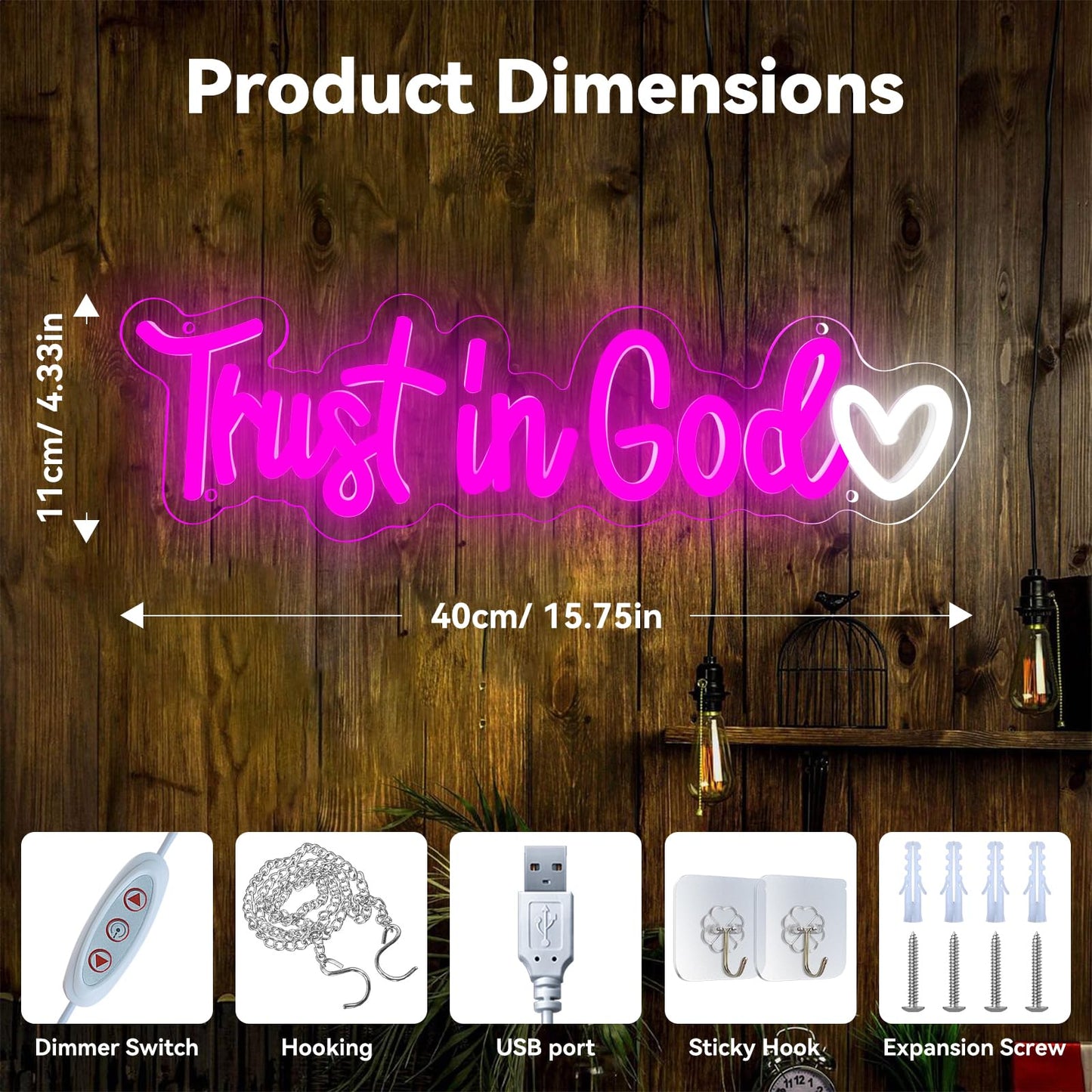 Vivafurn Trust In God Neon Sign,Christian Neon Light USB Powered Dimmable Led Sign Religious Neon Signs for Wall Decor, for Prayer Room Church Bedroom Living Room Jesus Christian Gifts
