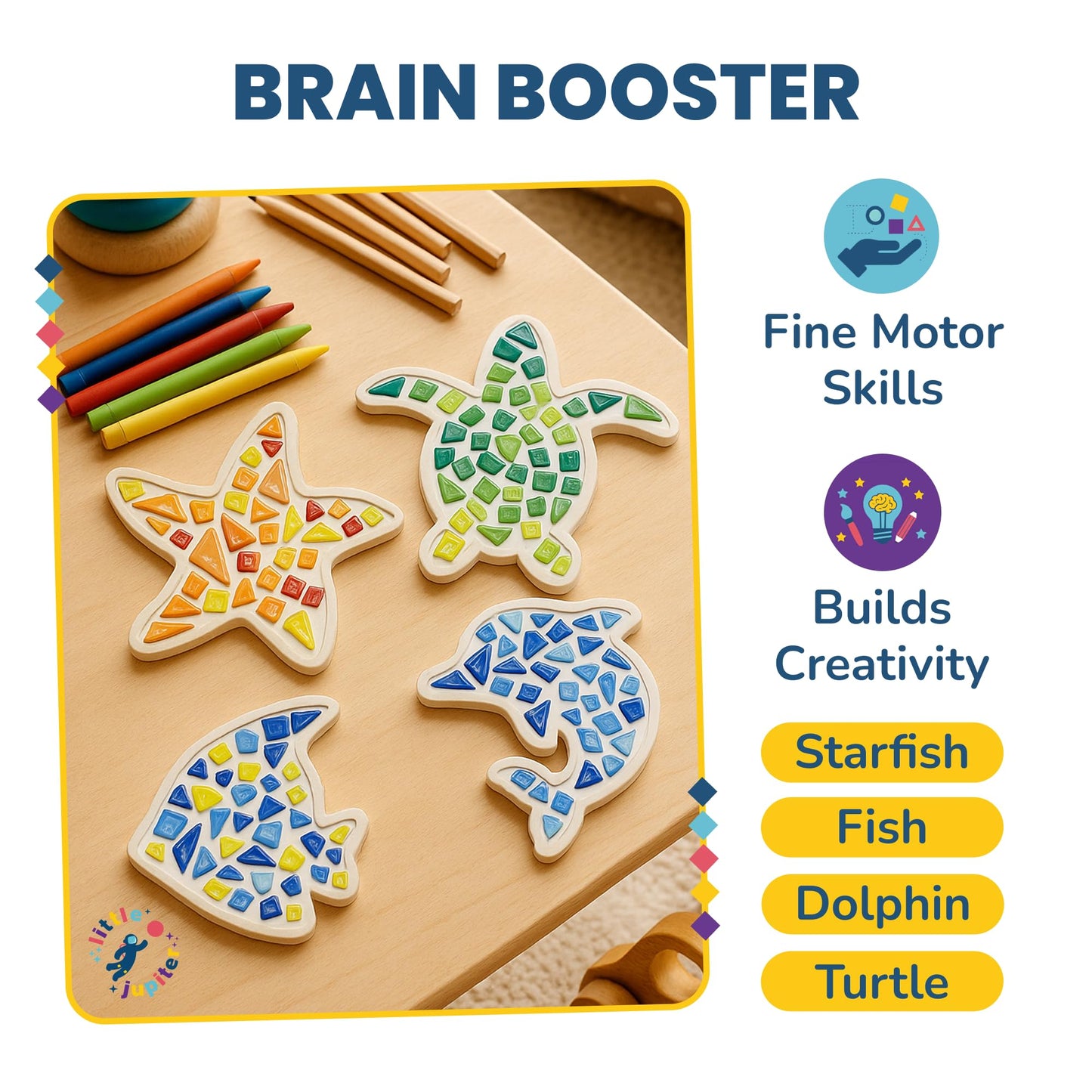 Little Jupiter DIY Mosaic Kit - Builds 4 Different Sea Mosaic Art Pieces - The Perfect Arts and Crafts for Girls and Boys Ages 8-12 - Kids Art Set Activity for Birthdays, Christmas, Holidays, & More