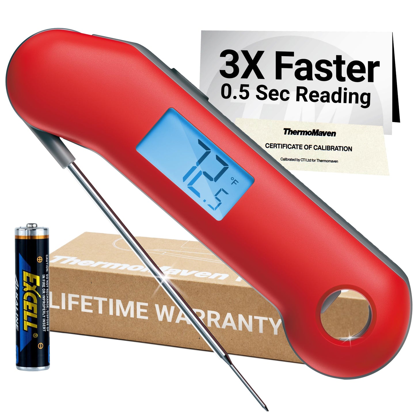 ThermoMaven ProfessionaI Meat Thermometer Digital, 3X Faster 0.5 Sec Instant Read, NIST Certified Accuracy ±0.5°F, 100% Waterproof Probe, Auto-Rotate Bright Indicator, for Candy/Grill/BBQ, Red & Gray