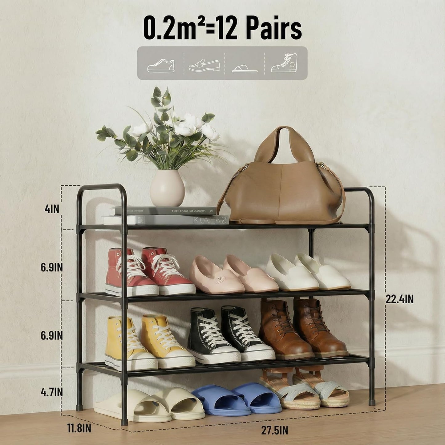 Tujurich 3-Tler Closet Shoe Rack Organlzer, Rustproof lron, Spaclous Shoe Storage Shelf for or Entryway, Fits Sneakers