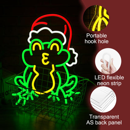 LIUOZHTEA Merry Christmas Neon Sign with Santa Hat Neon Frog Light Sign for Wall Decor Christmas Party New Year Bar Bedroom Shop Window USB Powered (16.5 * 11.8in)